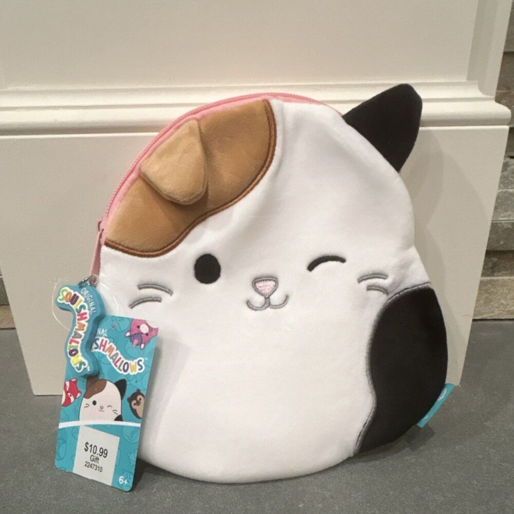 Squishmallows Plush Cat Face Makeup Bag Pouch Zippered White Black Pink